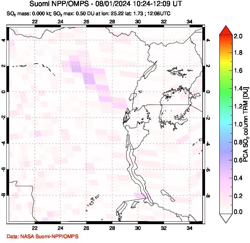 A sulfur dioxide image over Nyiragongo, DR Congo on Aug 01, 2024.