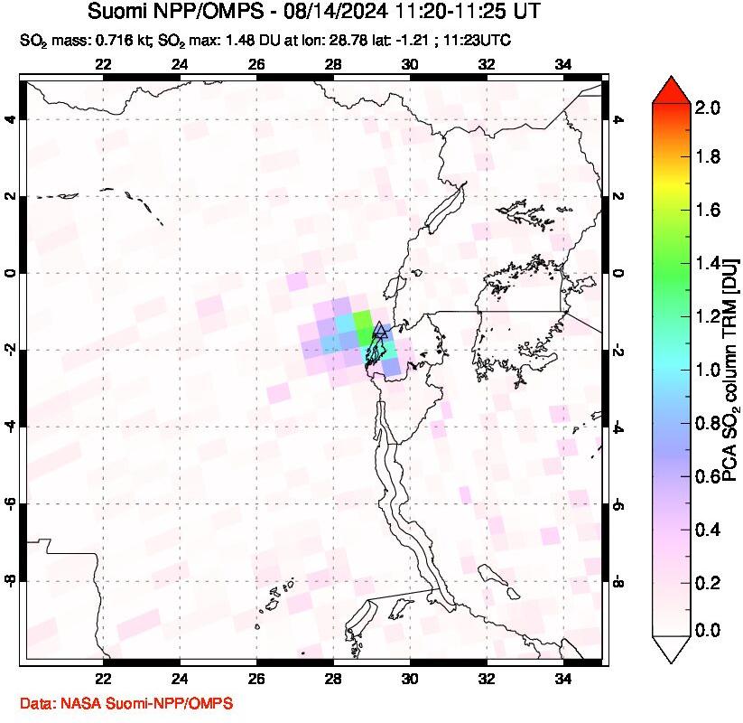 A sulfur dioxide image over Nyiragongo, DR Congo on Aug 14, 2024.