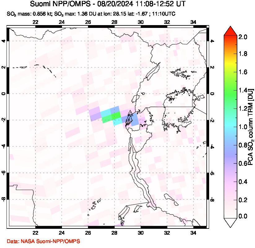 A sulfur dioxide image over Nyiragongo, DR Congo on Aug 20, 2024.