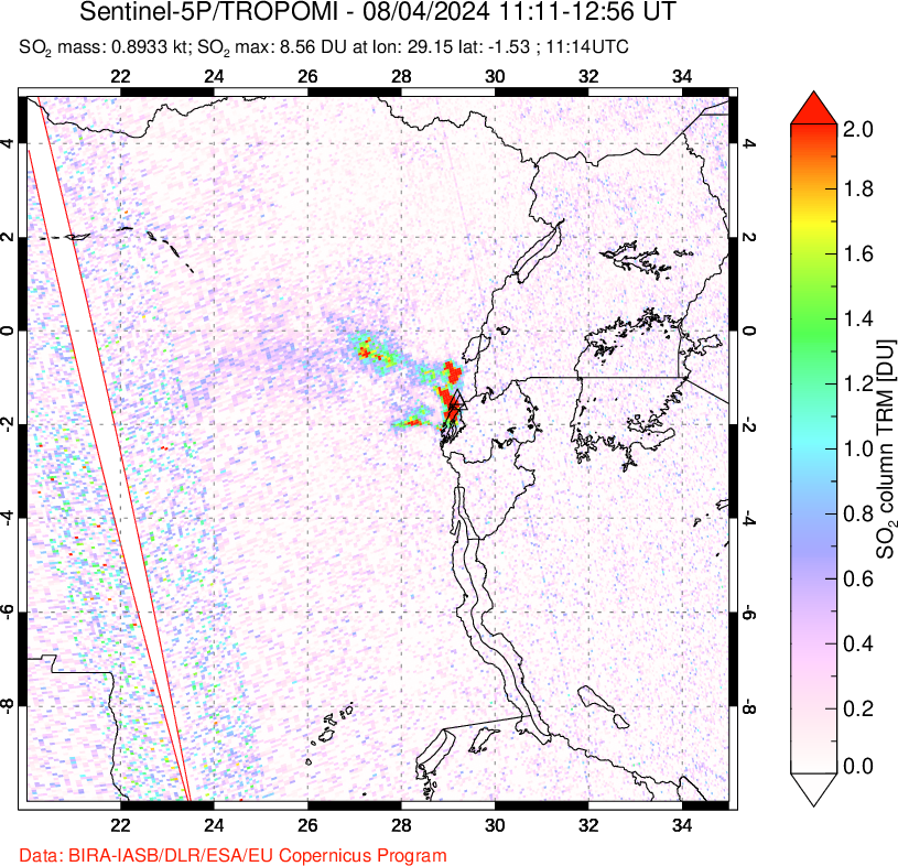 A sulfur dioxide image over Nyiragongo, DR Congo on Aug 04, 2024.