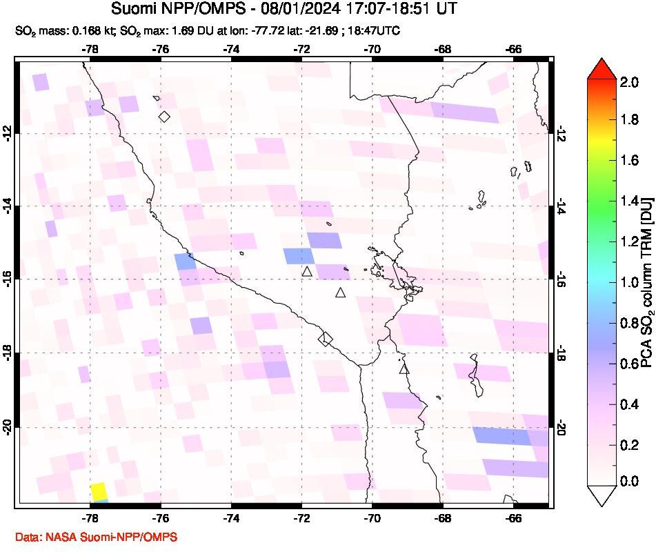 A sulfur dioxide image over Peru on Aug 01, 2024.