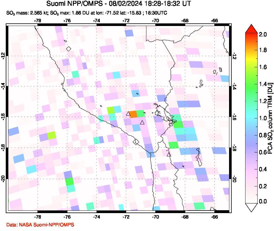 A sulfur dioxide image over Peru on Aug 02, 2024.