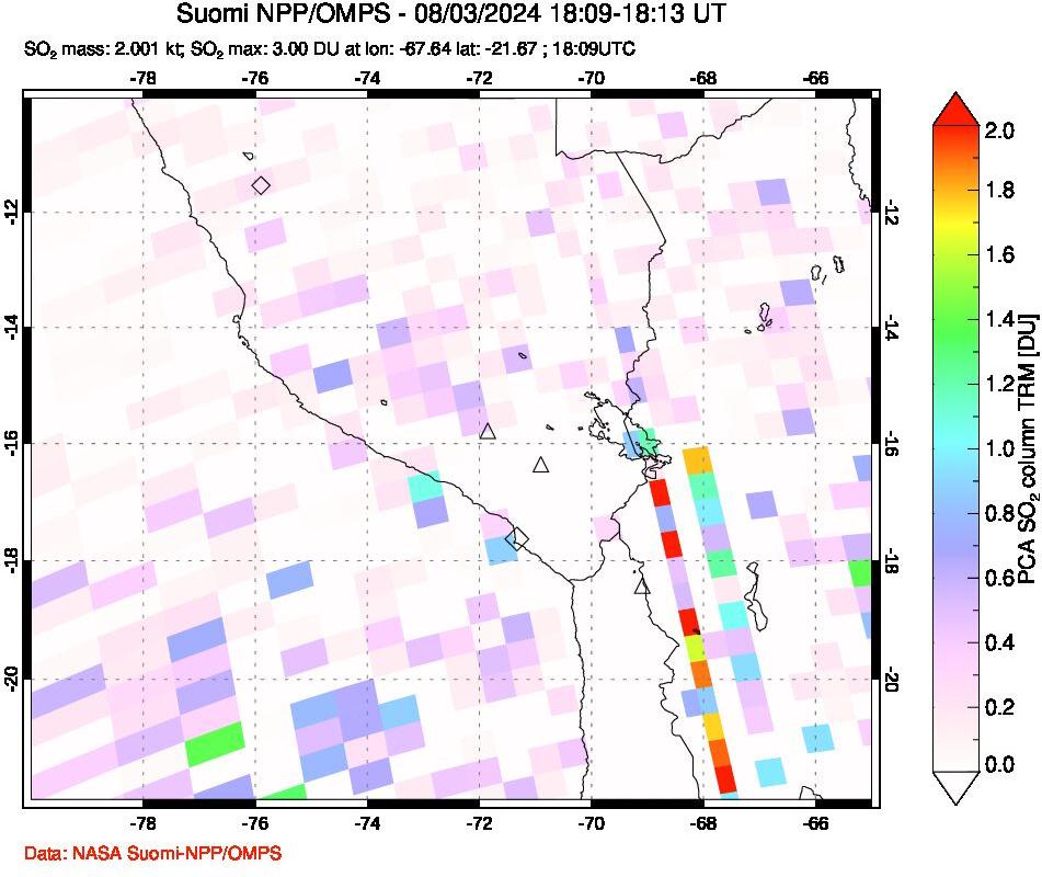 A sulfur dioxide image over Peru on Aug 03, 2024.