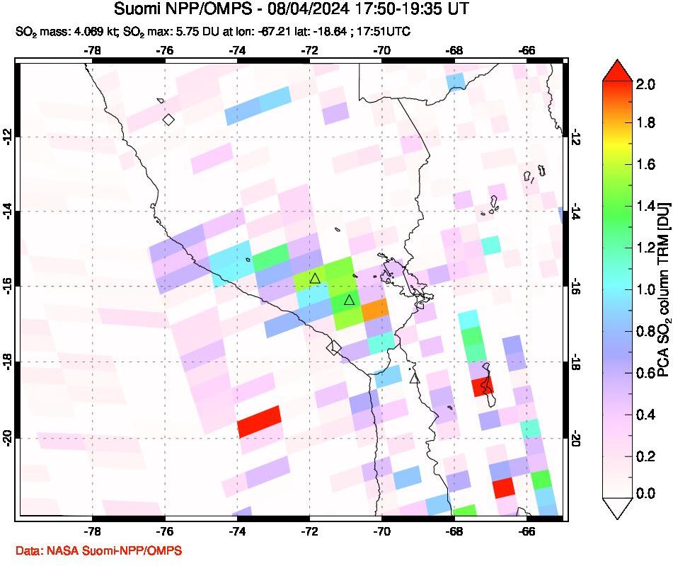 A sulfur dioxide image over Peru on Aug 04, 2024.