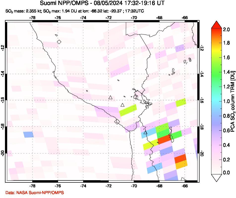 A sulfur dioxide image over Peru on Aug 05, 2024.