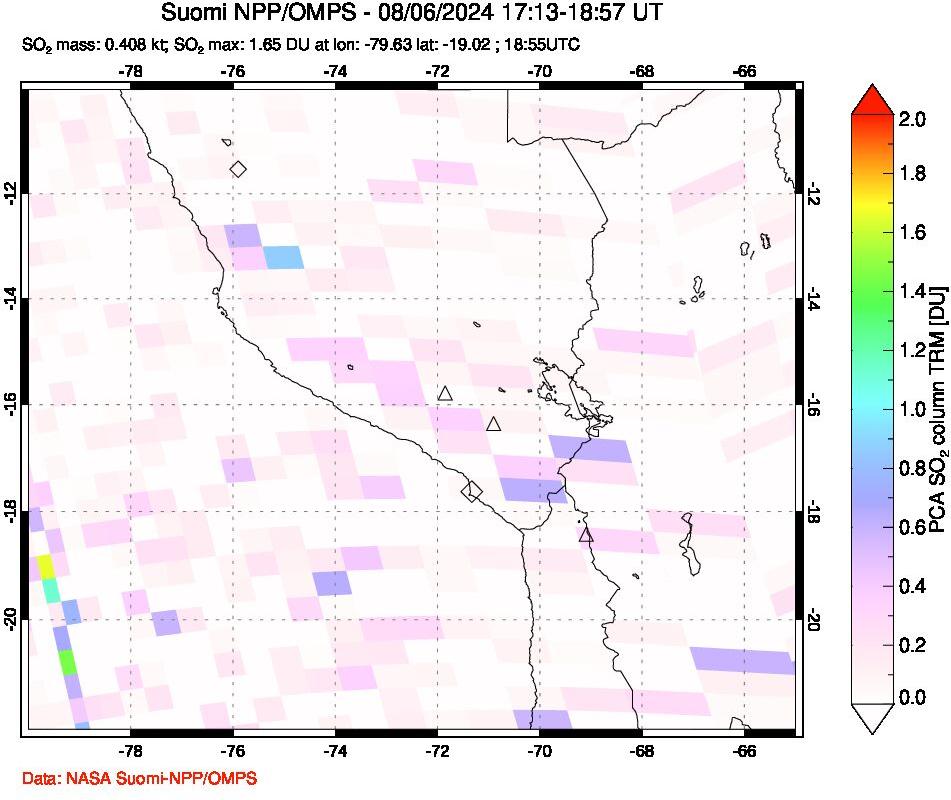 A sulfur dioxide image over Peru on Aug 06, 2024.