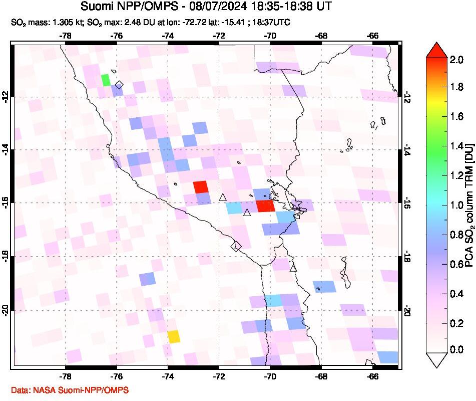 A sulfur dioxide image over Peru on Aug 07, 2024.