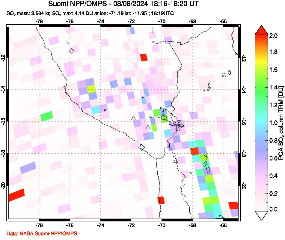 A sulfur dioxide image over Peru on Aug 08, 2024.