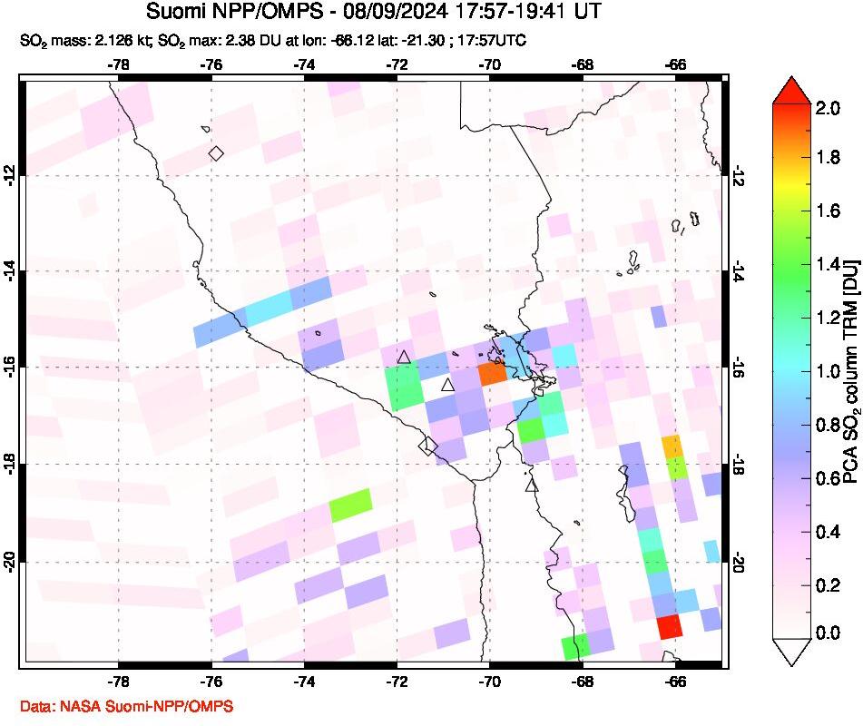 A sulfur dioxide image over Peru on Aug 09, 2024.