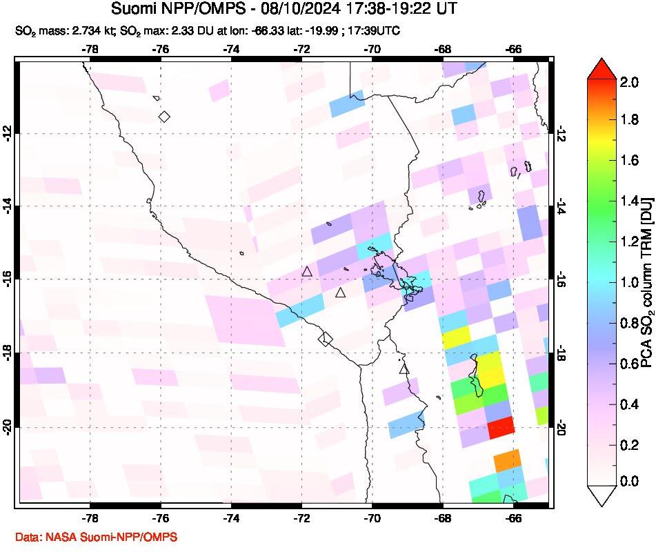 A sulfur dioxide image over Peru on Aug 10, 2024.