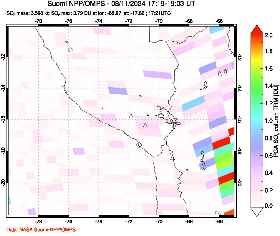 A sulfur dioxide image over Peru on Aug 11, 2024.