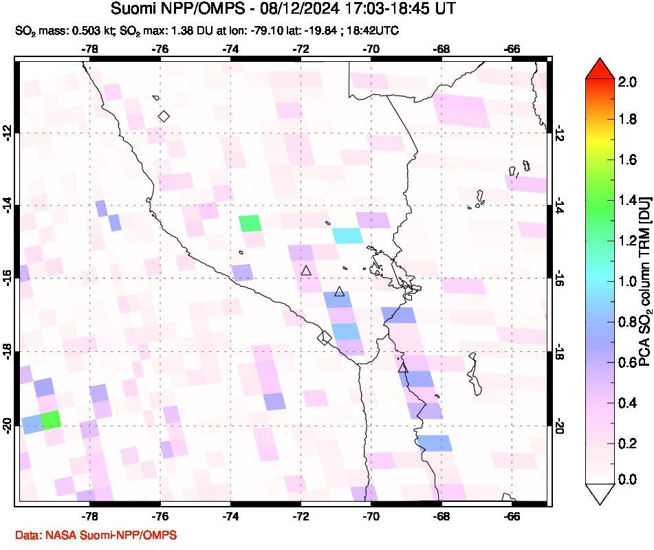 A sulfur dioxide image over Peru on Aug 12, 2024.