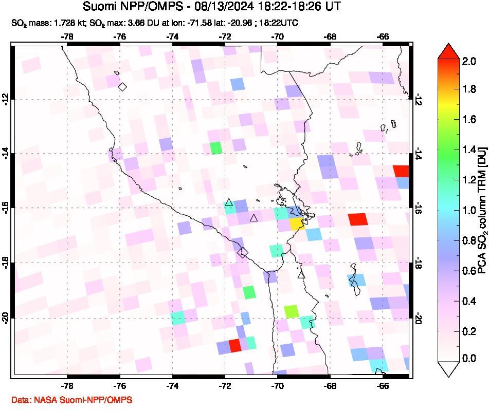 A sulfur dioxide image over Peru on Aug 13, 2024.