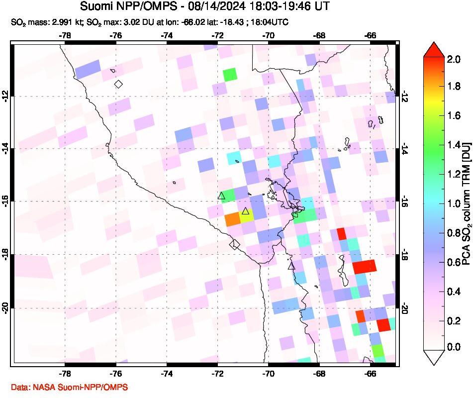 A sulfur dioxide image over Peru on Aug 14, 2024.