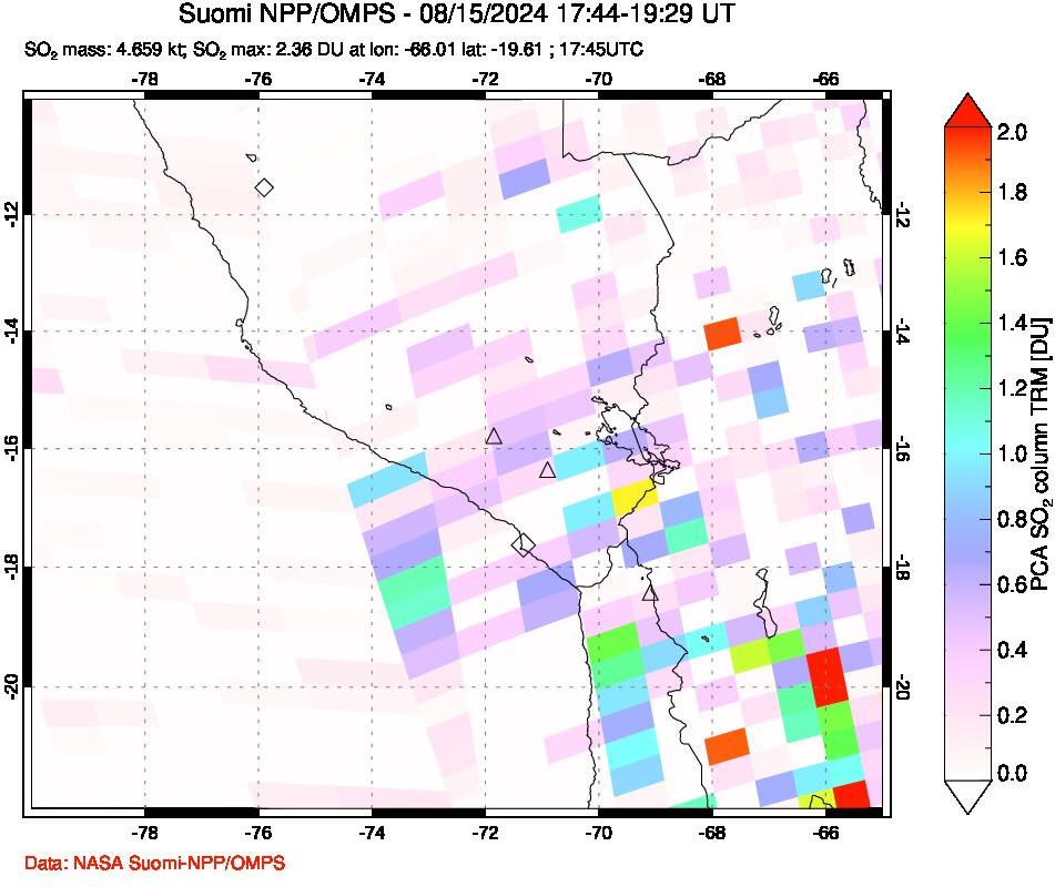 A sulfur dioxide image over Peru on Aug 15, 2024.