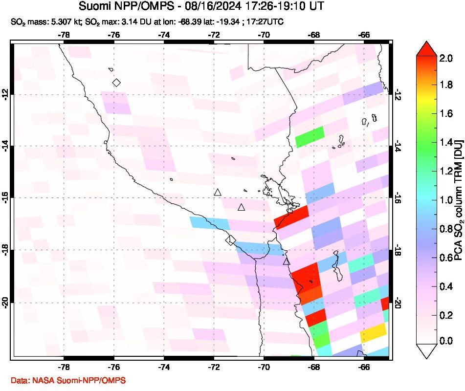 A sulfur dioxide image over Peru on Aug 16, 2024.