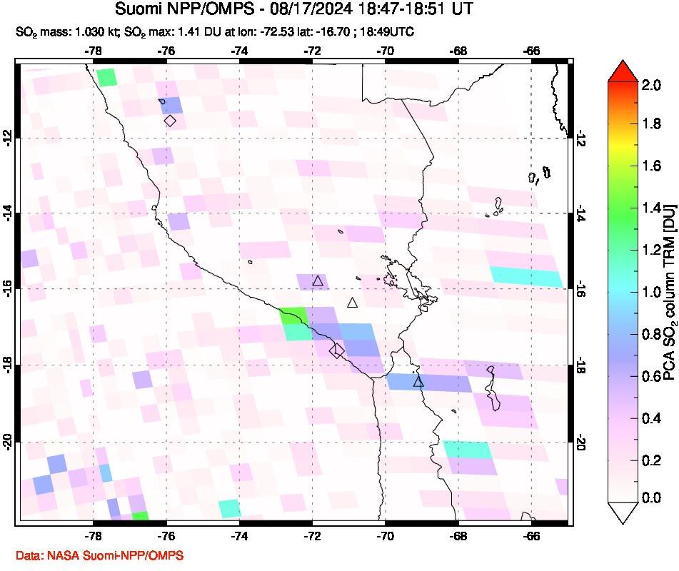 A sulfur dioxide image over Peru on Aug 17, 2024.