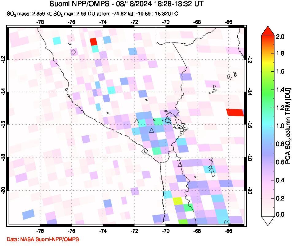 A sulfur dioxide image over Peru on Aug 18, 2024.