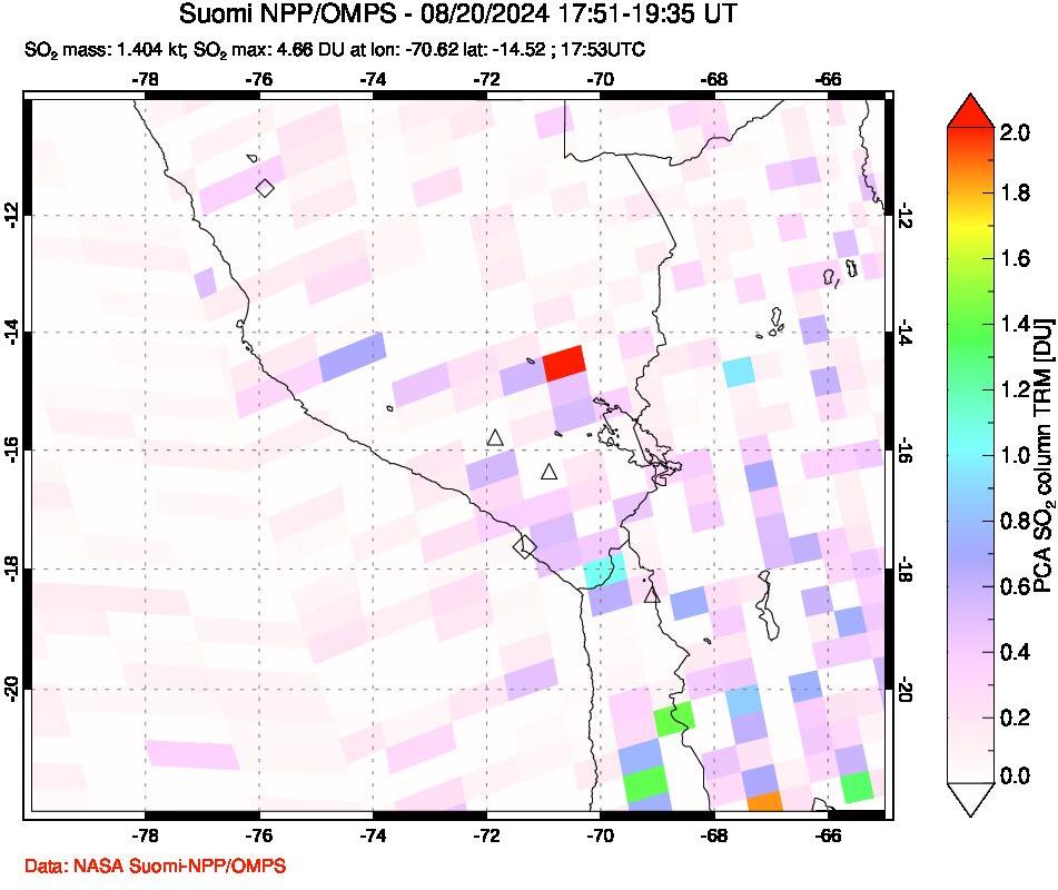 A sulfur dioxide image over Peru on Aug 20, 2024.