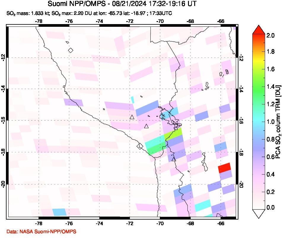 A sulfur dioxide image over Peru on Aug 21, 2024.