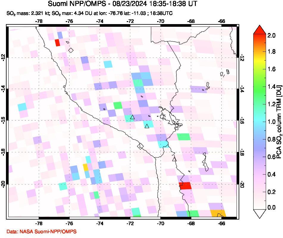 A sulfur dioxide image over Peru on Aug 23, 2024.