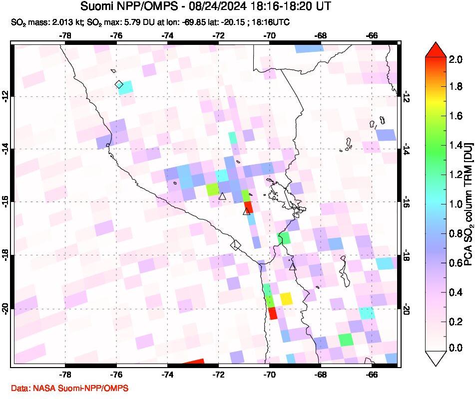 A sulfur dioxide image over Peru on Aug 24, 2024.