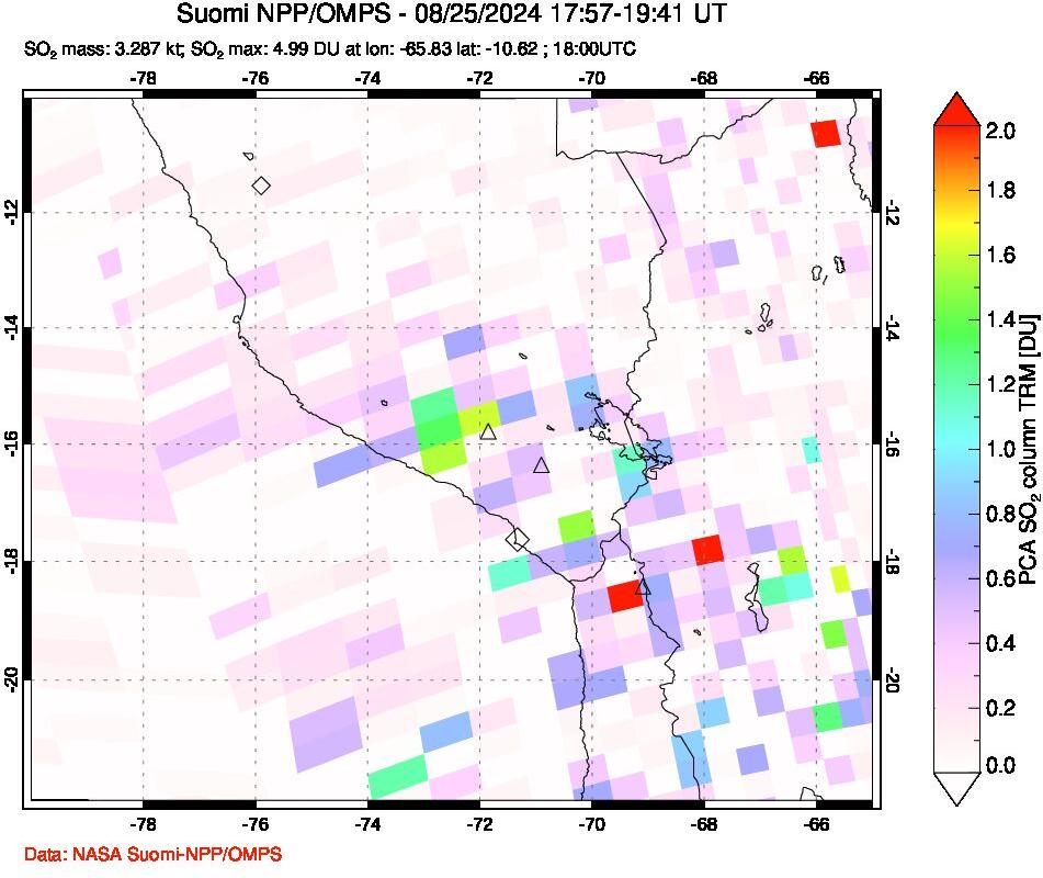 A sulfur dioxide image over Peru on Aug 25, 2024.