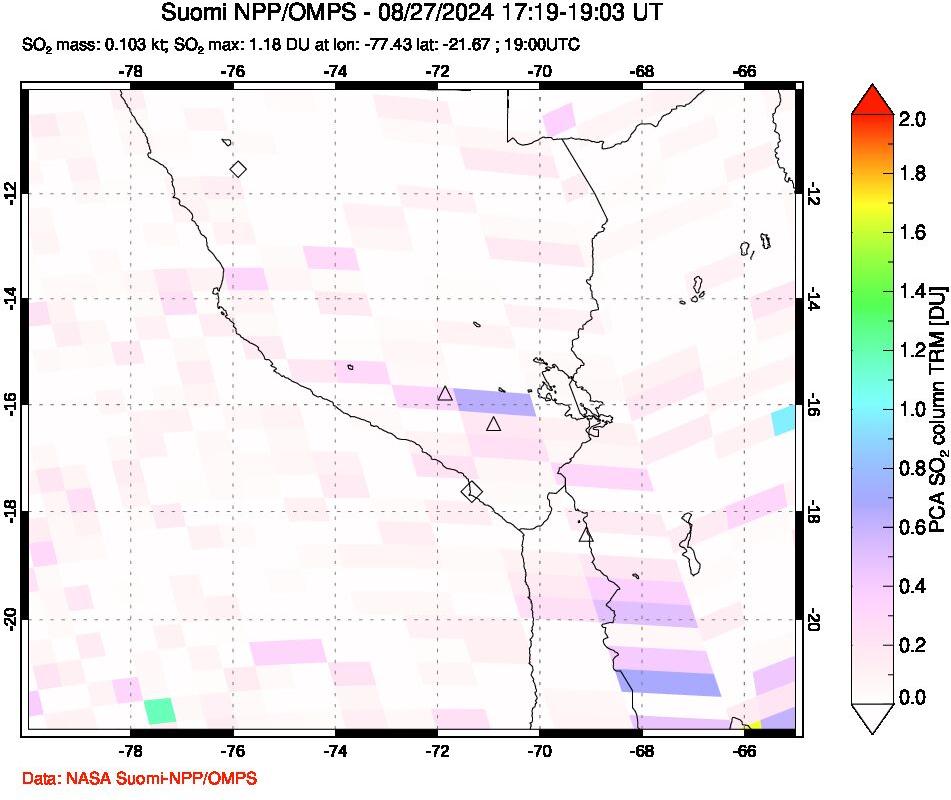 A sulfur dioxide image over Peru on Aug 27, 2024.