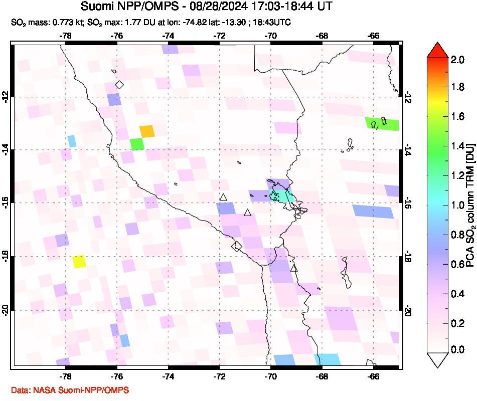 A sulfur dioxide image over Peru on Aug 28, 2024.