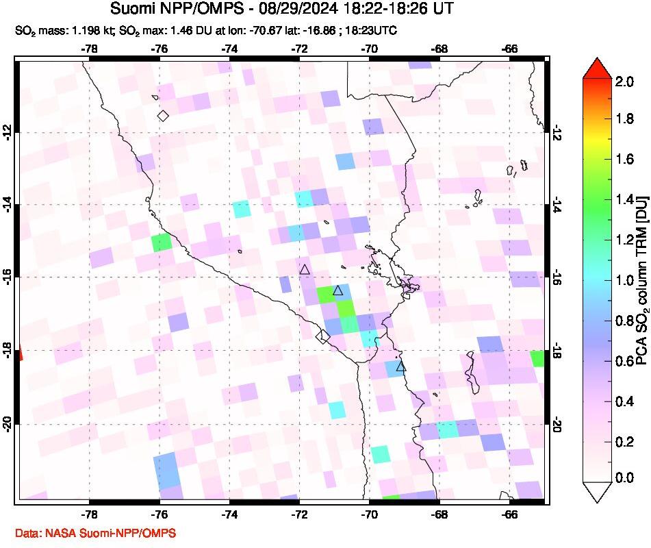 A sulfur dioxide image over Peru on Aug 29, 2024.