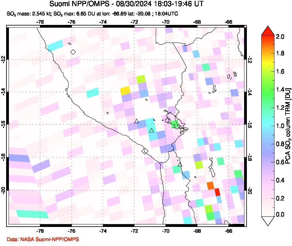 A sulfur dioxide image over Peru on Aug 30, 2024.