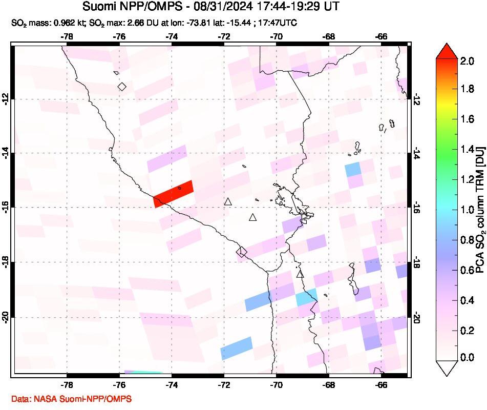 A sulfur dioxide image over Peru on Aug 31, 2024.