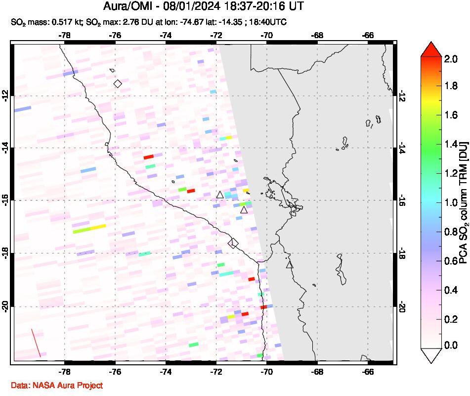 A sulfur dioxide image over Peru on Aug 01, 2024.