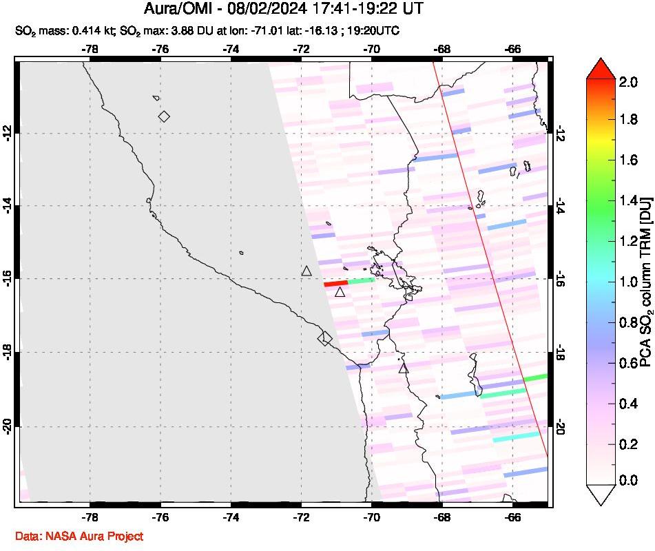 A sulfur dioxide image over Peru on Aug 02, 2024.