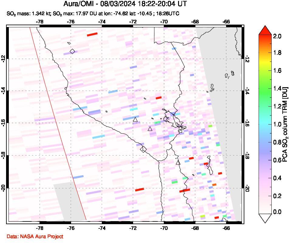 A sulfur dioxide image over Peru on Aug 03, 2024.