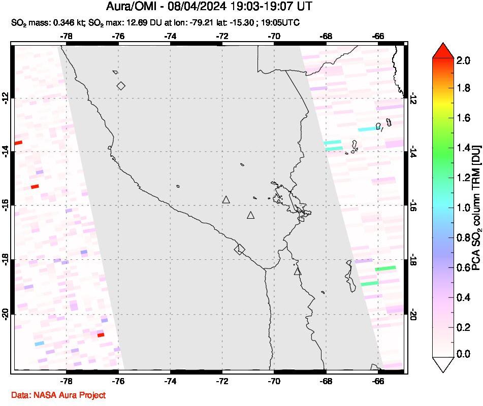 A sulfur dioxide image over Peru on Aug 04, 2024.