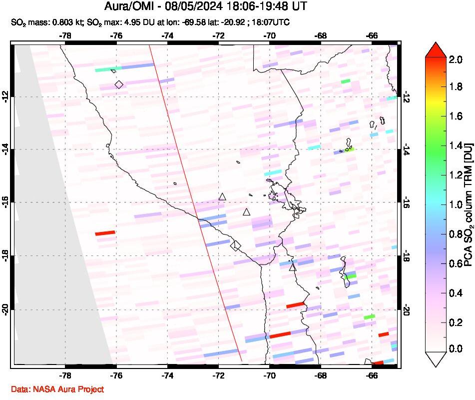 A sulfur dioxide image over Peru on Aug 05, 2024.