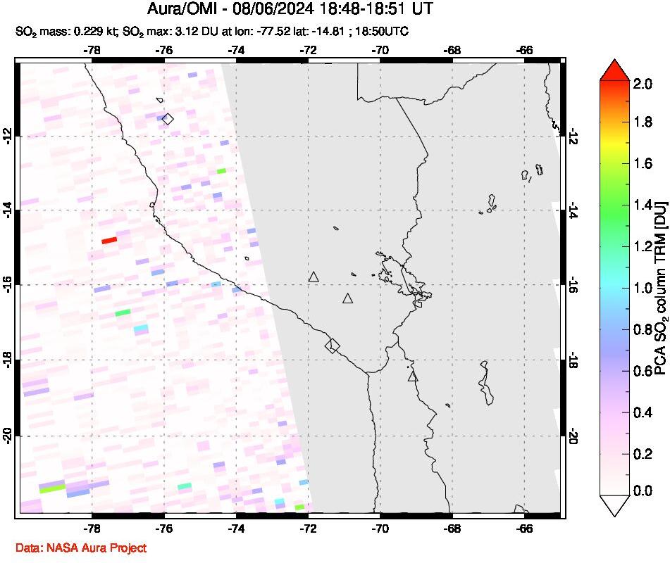 A sulfur dioxide image over Peru on Aug 06, 2024.