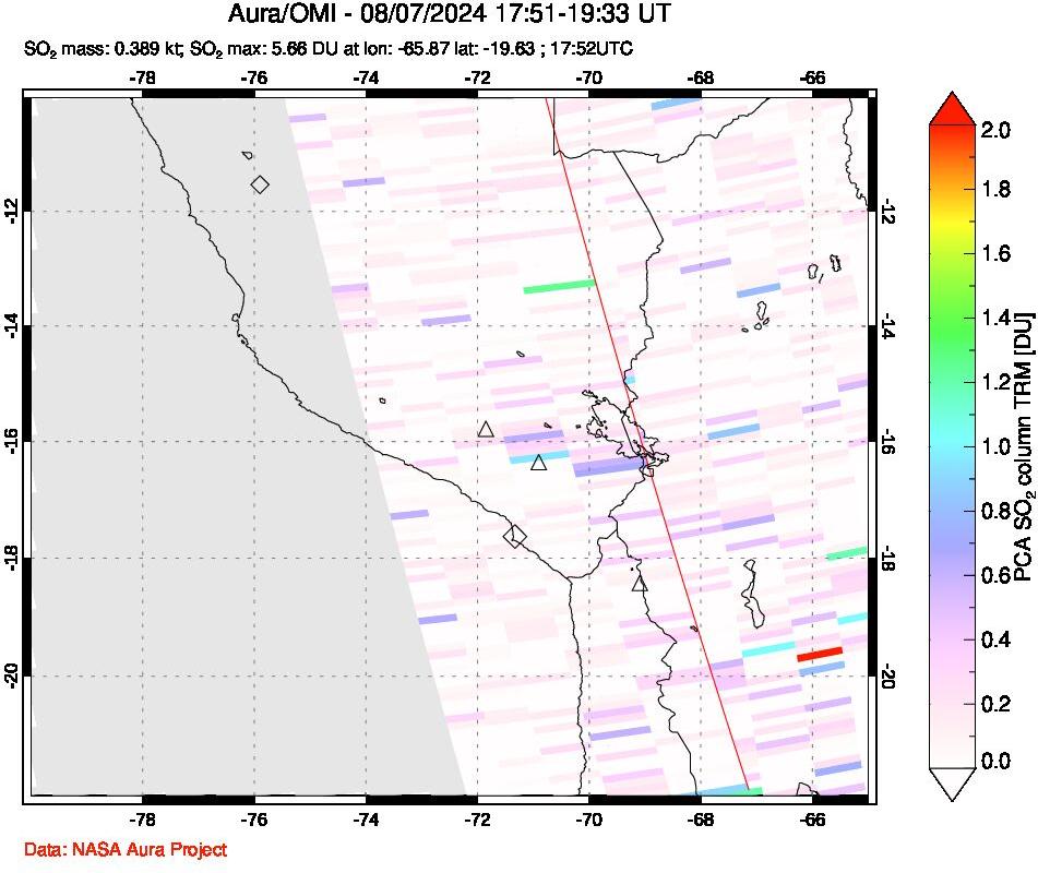 A sulfur dioxide image over Peru on Aug 07, 2024.