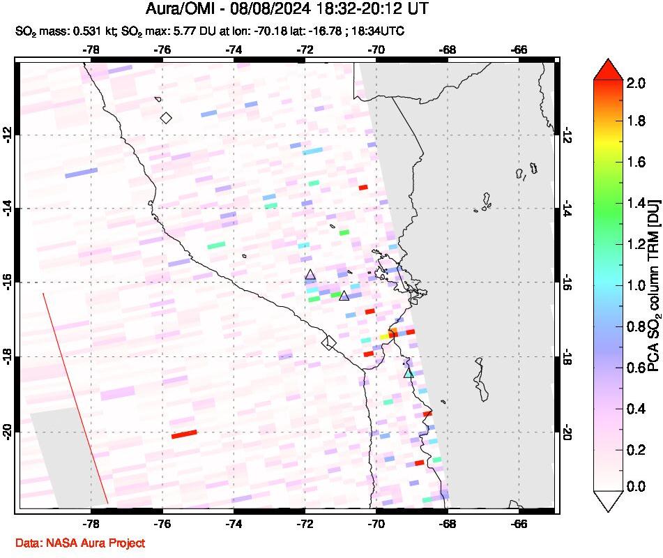 A sulfur dioxide image over Peru on Aug 08, 2024.