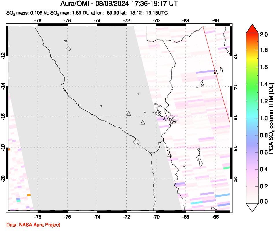 A sulfur dioxide image over Peru on Aug 09, 2024.