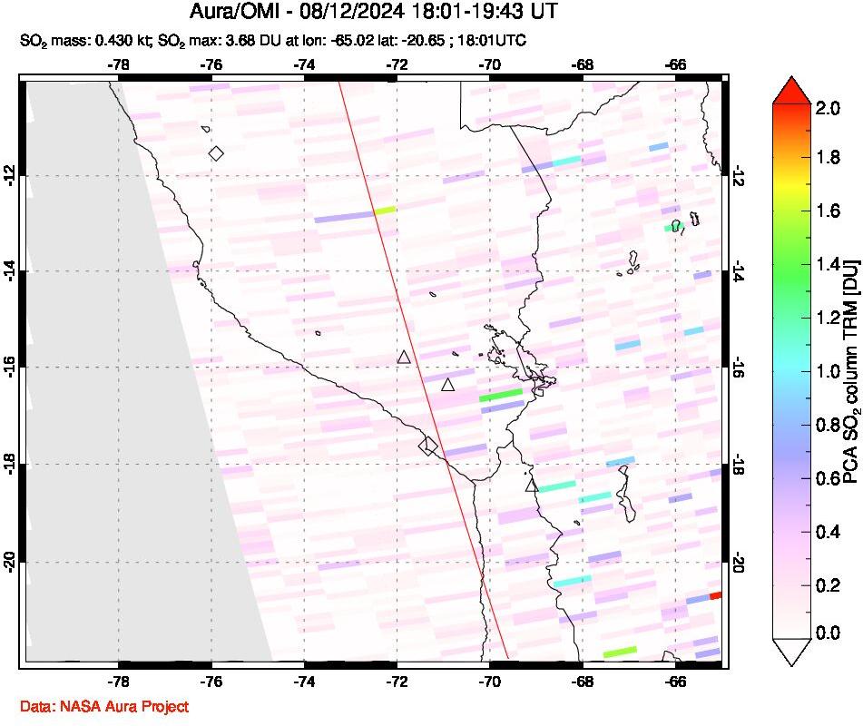 A sulfur dioxide image over Peru on Aug 12, 2024.