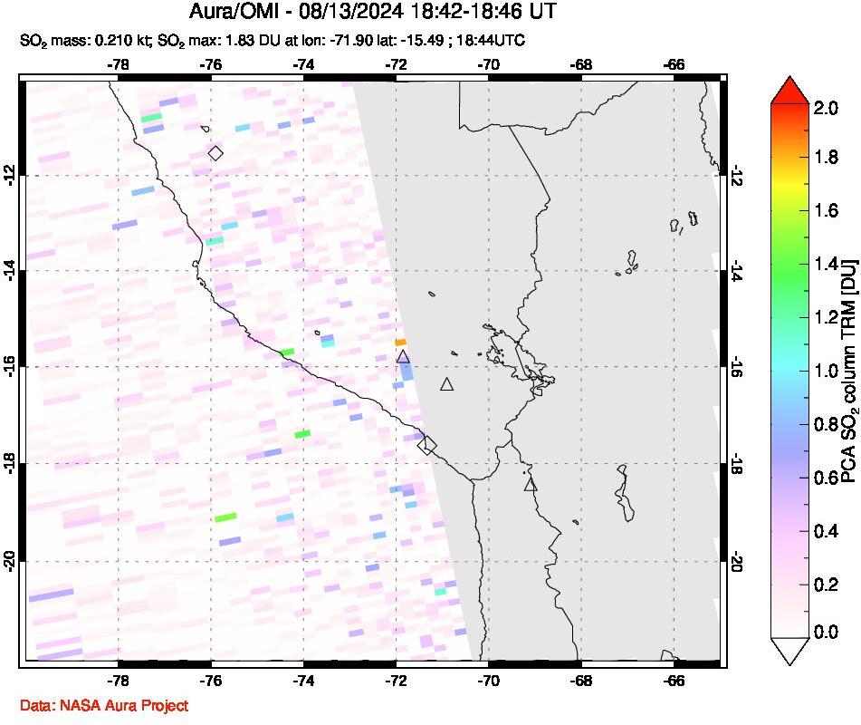 A sulfur dioxide image over Peru on Aug 13, 2024.