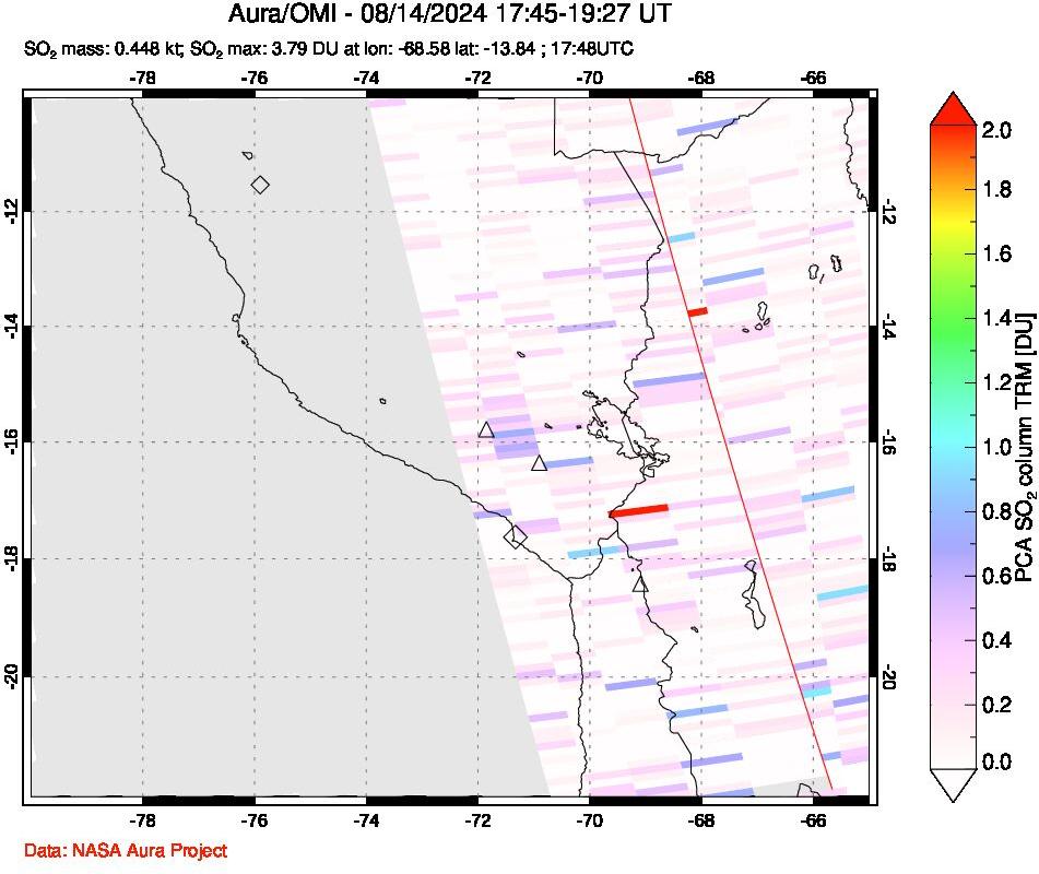 A sulfur dioxide image over Peru on Aug 14, 2024.