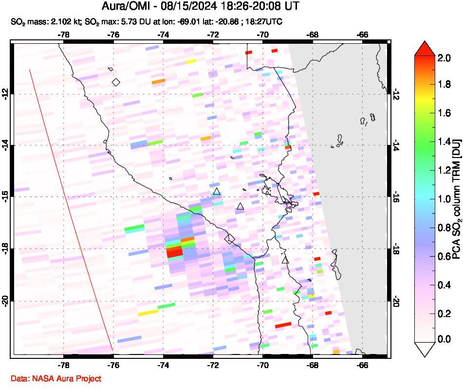 A sulfur dioxide image over Peru on Aug 15, 2024.