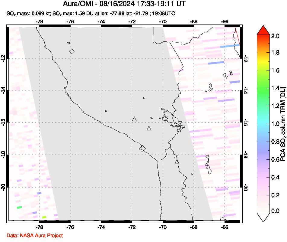 A sulfur dioxide image over Peru on Aug 16, 2024.