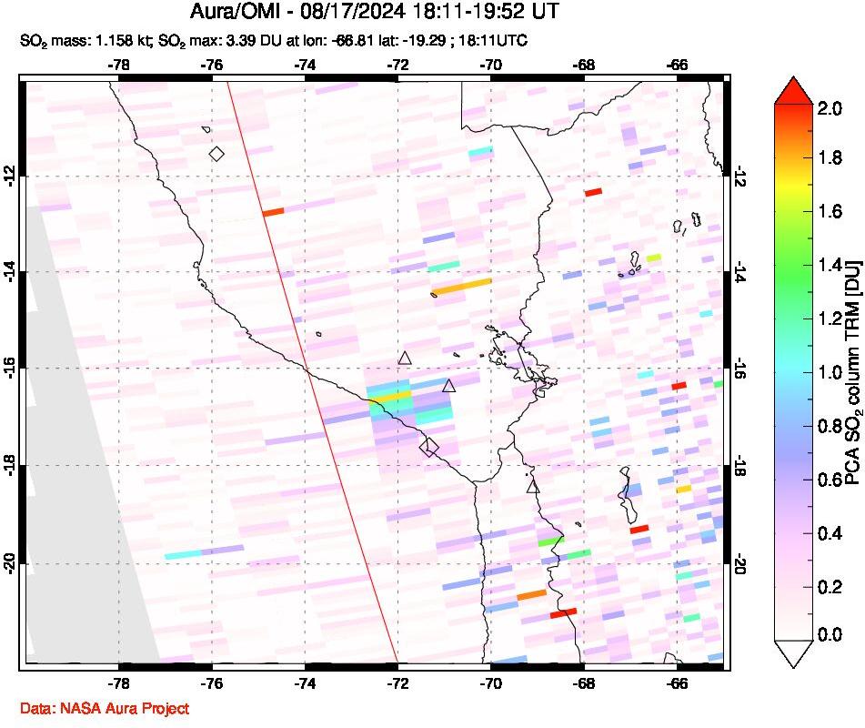 A sulfur dioxide image over Peru on Aug 17, 2024.