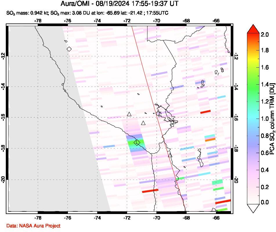 A sulfur dioxide image over Peru on Aug 19, 2024.