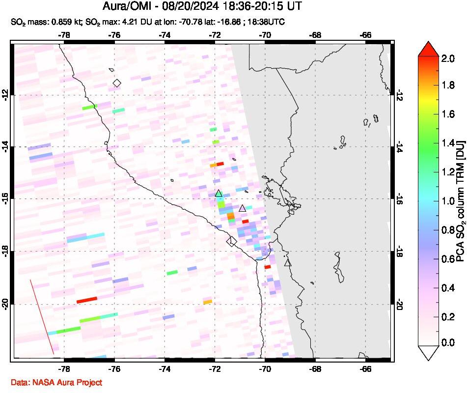 A sulfur dioxide image over Peru on Aug 20, 2024.