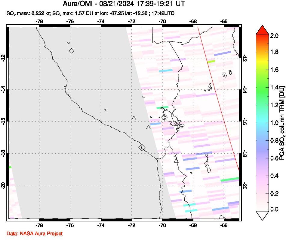 A sulfur dioxide image over Peru on Aug 21, 2024.